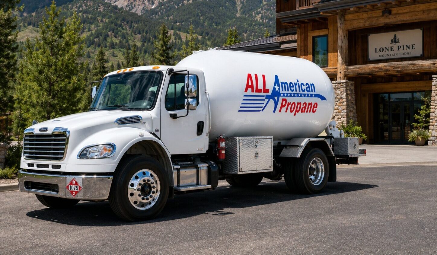 all american propane tank in front of lone pine mountain lodge with a mountain view