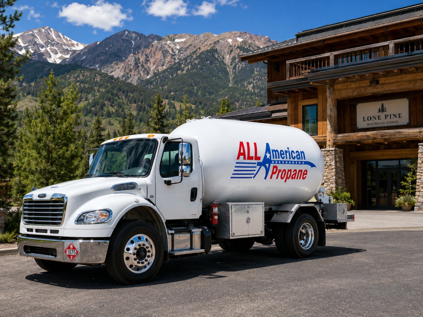 all american propane tank in front of lone pine mountain lodge with a mountain view
